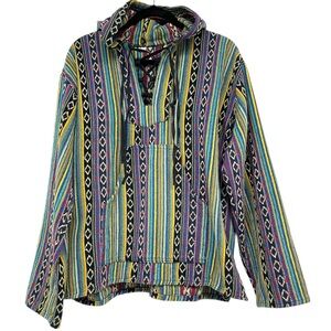 Baja Hoodie Pullover 1/4 Lace Up Front Women L Kangaroo Pocket Multicolor Unisex